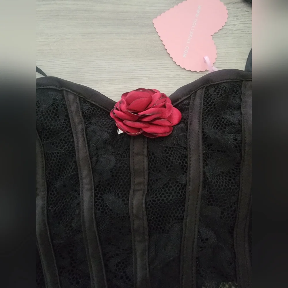 Black Lace Bustier Top with Pink Rose Accent